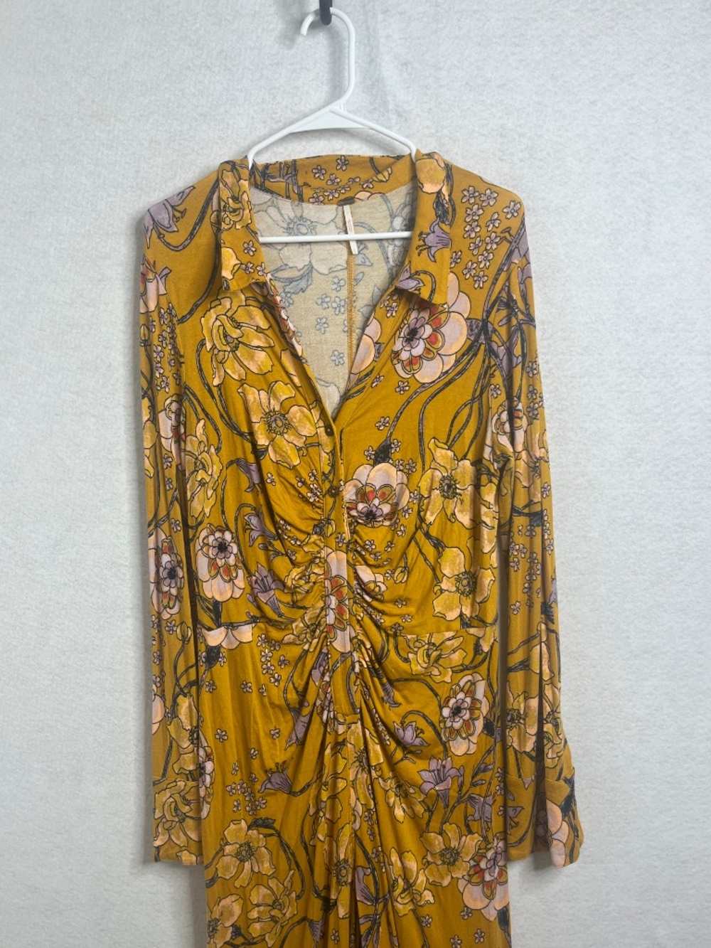 Free People Mustard Floral Long Sleeve Maxi Dress Boho Twist Front - Picture 5 of 6